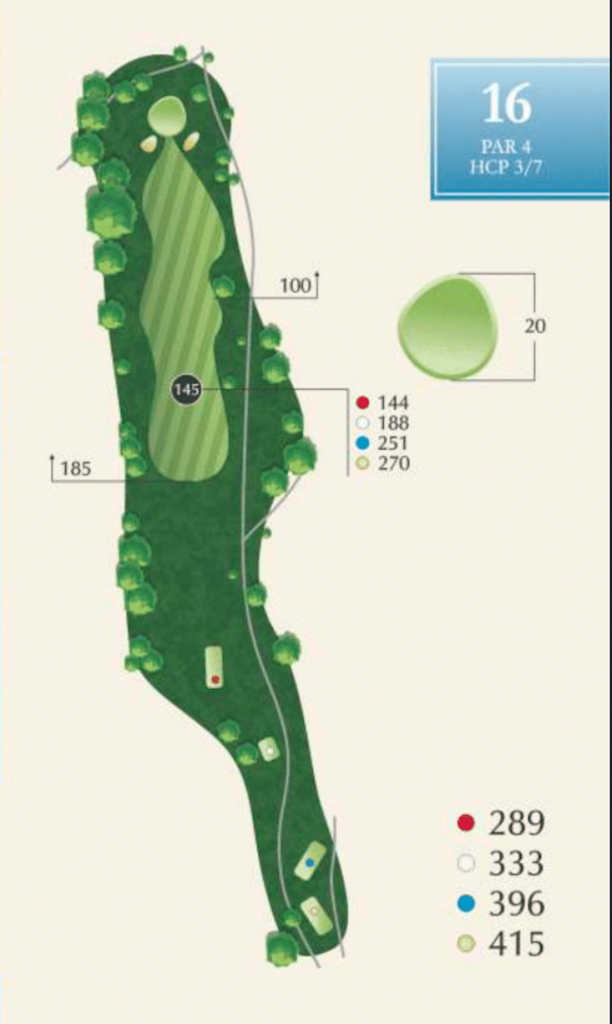 Diagram of hole 16 at McAlester Country Club, a par 4