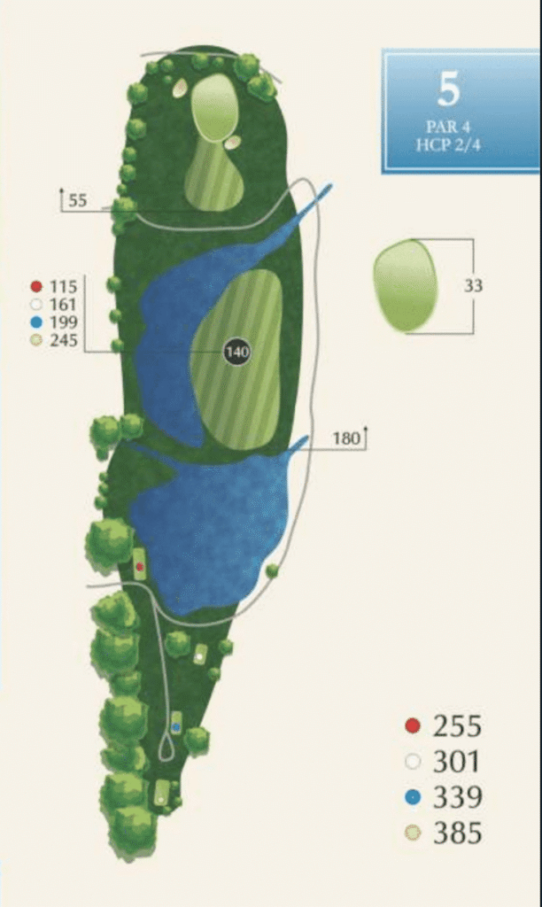 Diagram of hole 5 at McAlester Country Club, a par 4