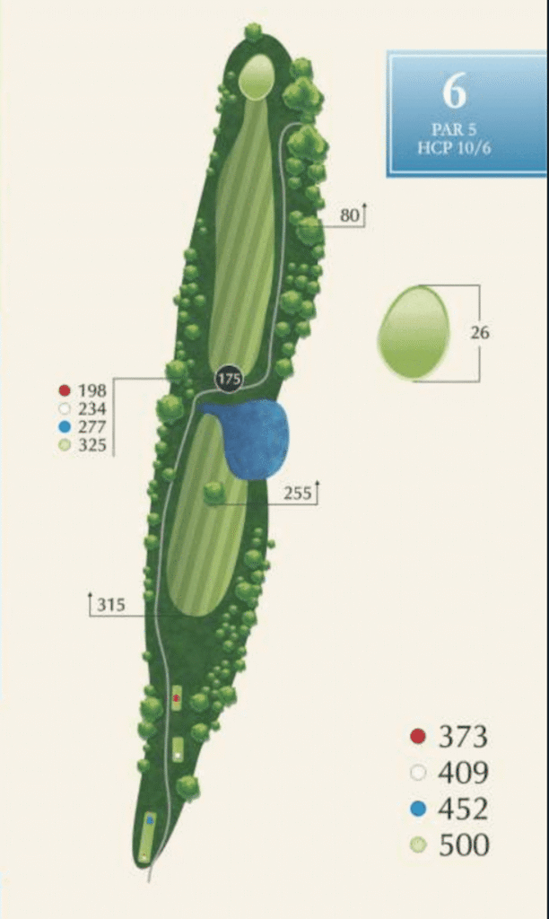 Diagram of hole 6 at McAlester Country Club, a par 5